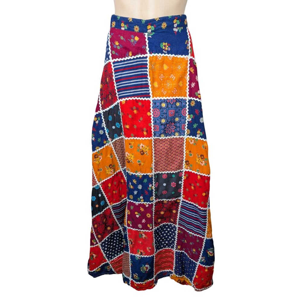 Vtg 60s Handmade Cotton Patchwork Ric Rac Maxi Skirt XS Hippie Bohemian Festival